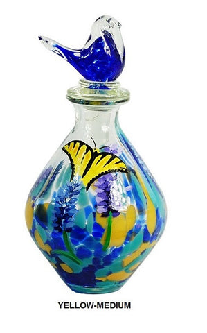 TG-HB-Perching Bird Glass Flasks with Hand-painted Lavender & Yellow Butterfly - Blue Dreams USA Boutique